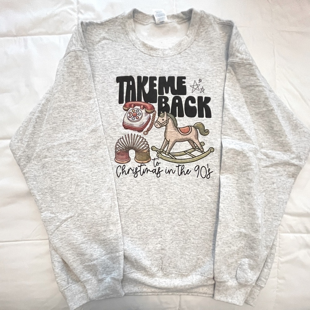 Gray Christmas Sweatshirt “Take Me Back To Christmas In The 90’s”. Size XL